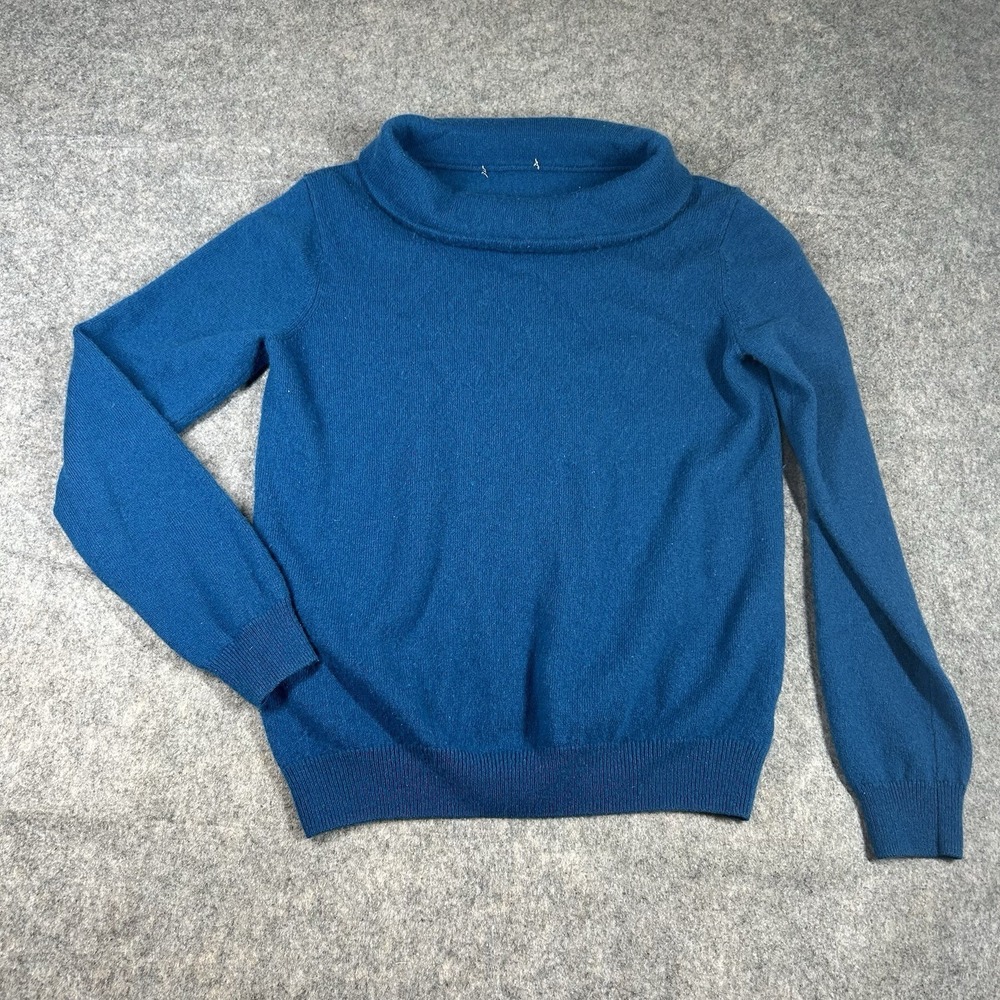 WoolOvers Sweater Womens Small Merino Wool Cashmere Blue Roll Over Neck